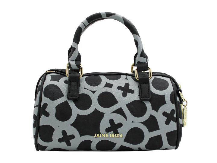 Bolso de mano Jaime Ibiza en color negro y gris con estampado geométrico y detalles dorados.