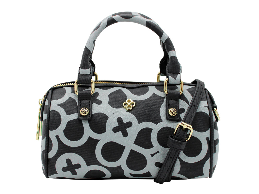 Bolso de mano Jaime Ibiza en color negro y gris con estampado geométrico y detalles dorados.