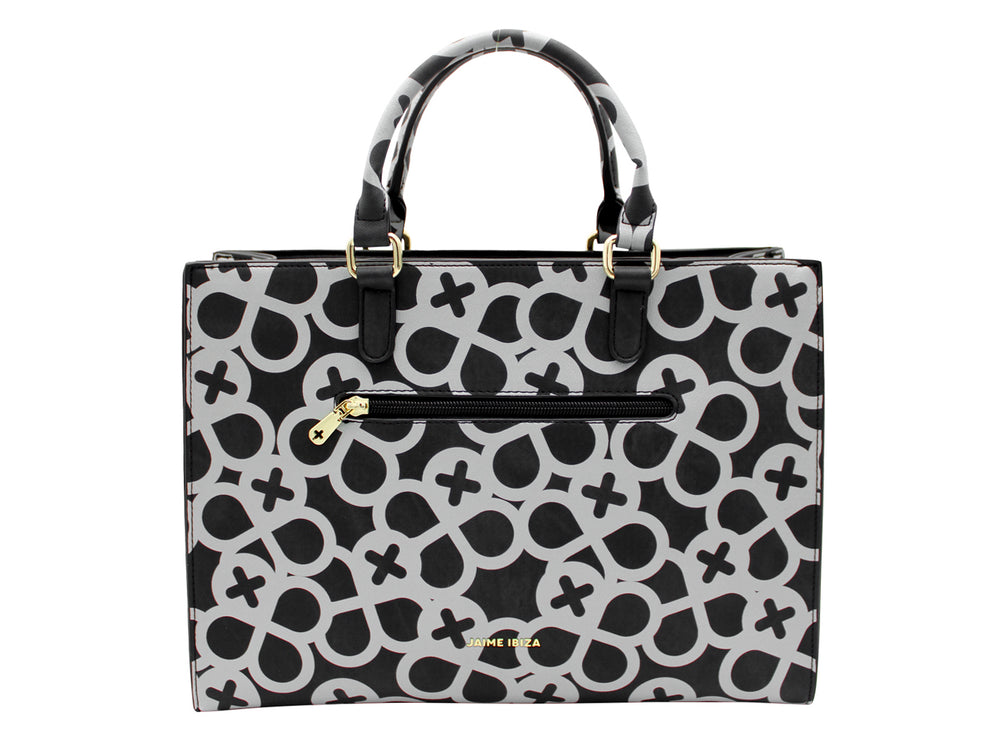 Bolso tote negro con estampado geométrico gris y detalles metálicos dorados.