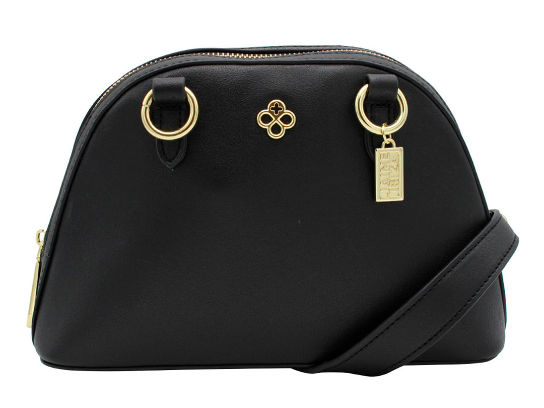 Bolso negro semicircular de Jaime Ibiza con detalles y herrajes en color dorado.