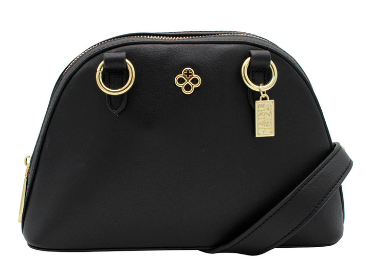 Bolso negro semicircular de Jaime Ibiza con detalles y herrajes en color dorado.