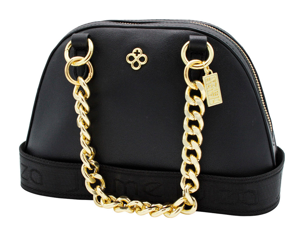 Bolso negro semicircular de Jaime Ibiza con detalles y herrajes en color dorado.