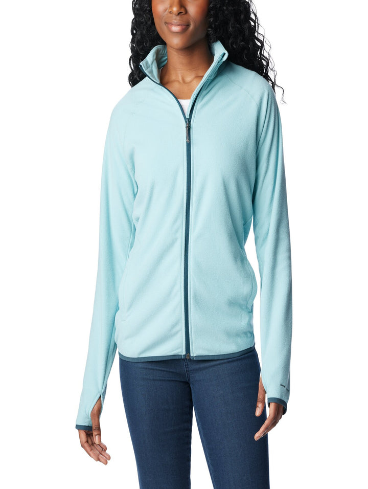 Sudadera de fleece color aqua haze con cierre completo y cuello alto.