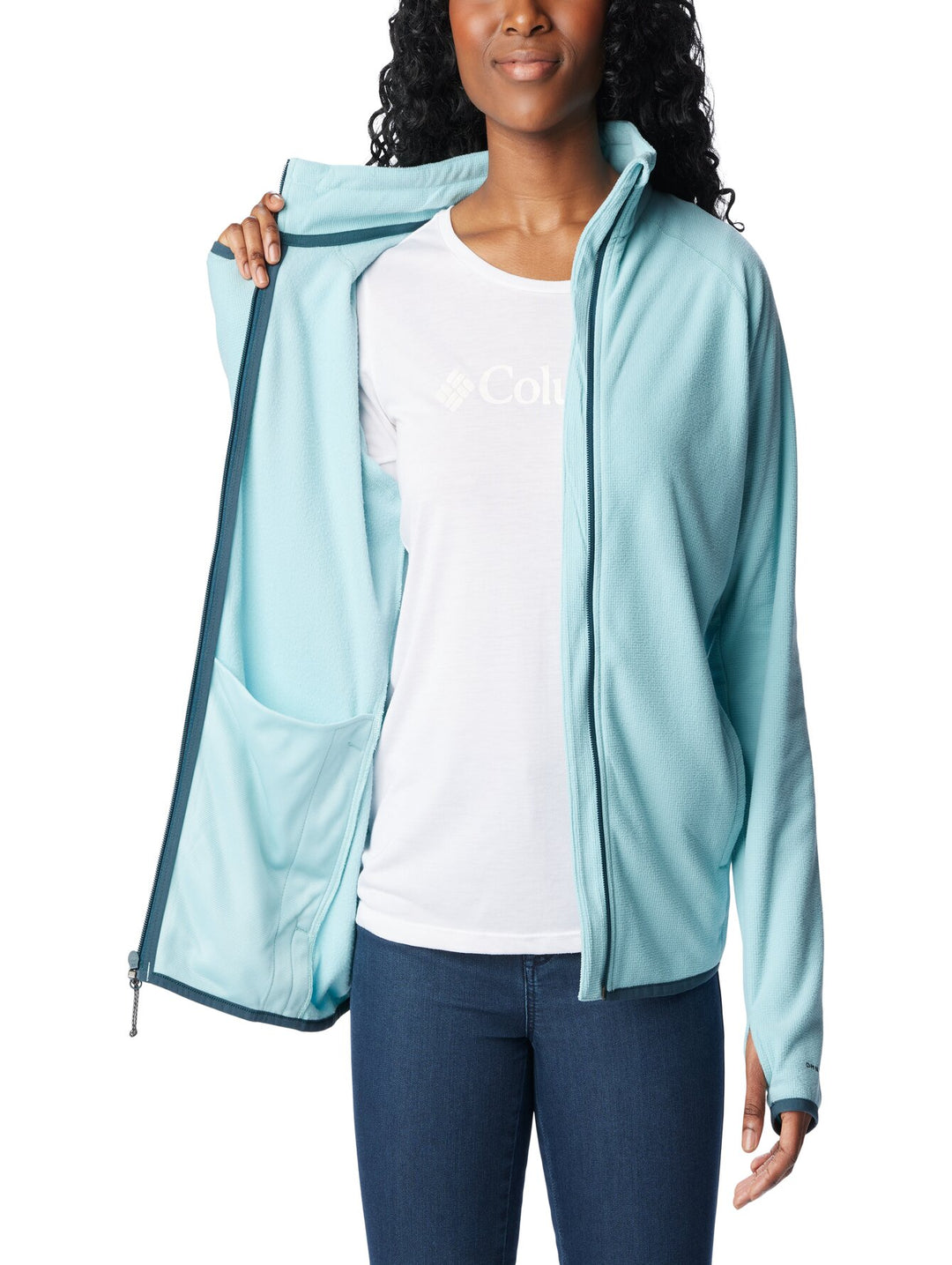Sudadera de fleece color aqua haze con cierre completo y cuello alto.