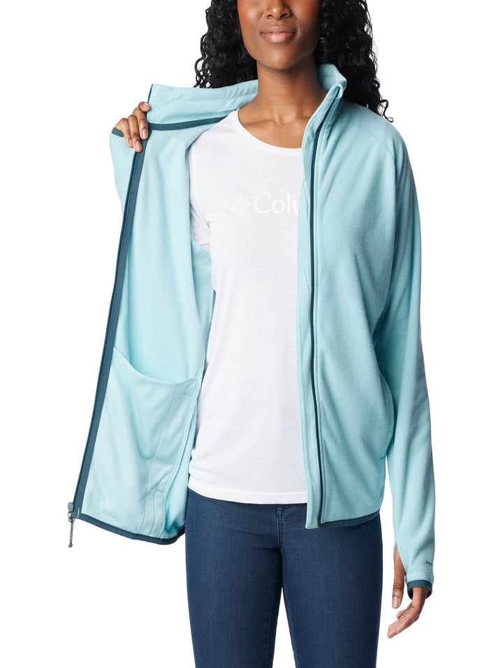 Sudadera de fleece color aqua haze con cierre completo y cuello alto.