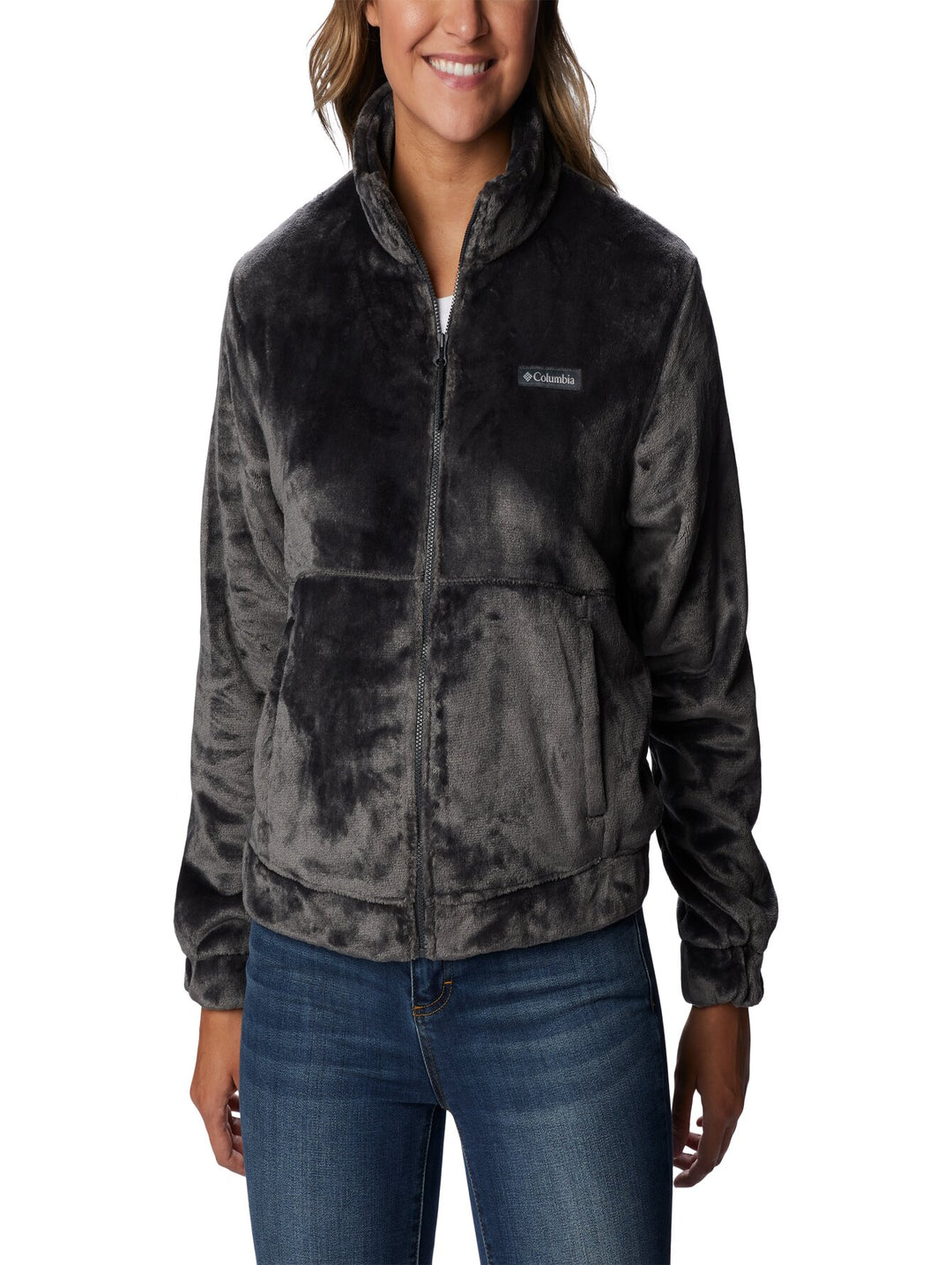 Chaqueta Columbia color gris oscuro con cierre frontal y textura afelpada.