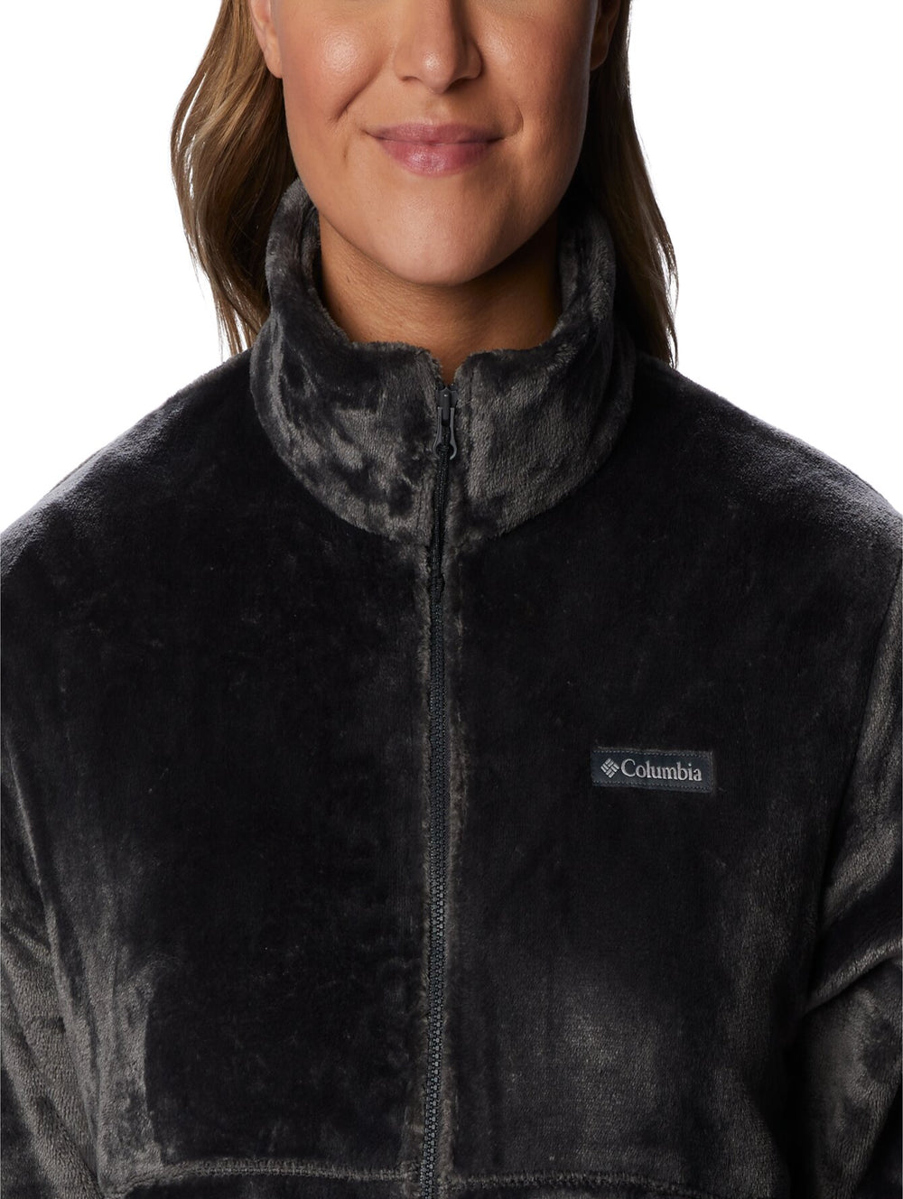 Chaqueta Columbia color gris oscuro con cierre frontal y textura afelpada.