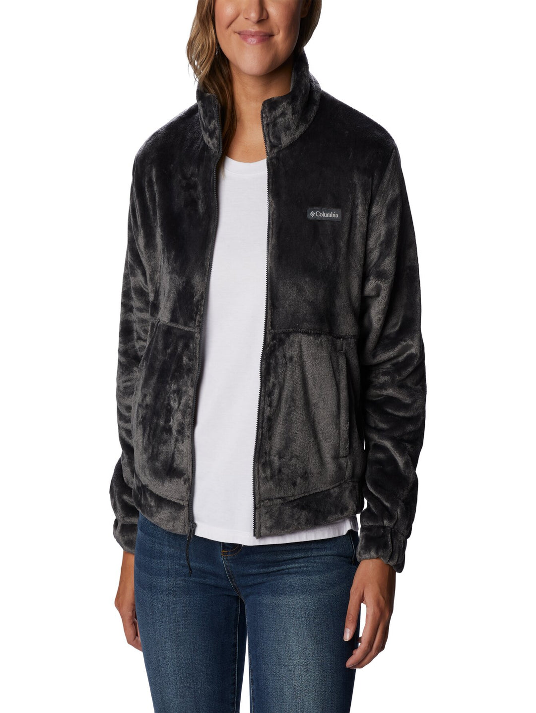 Chaqueta Columbia color gris oscuro con cierre frontal y textura afelpada.