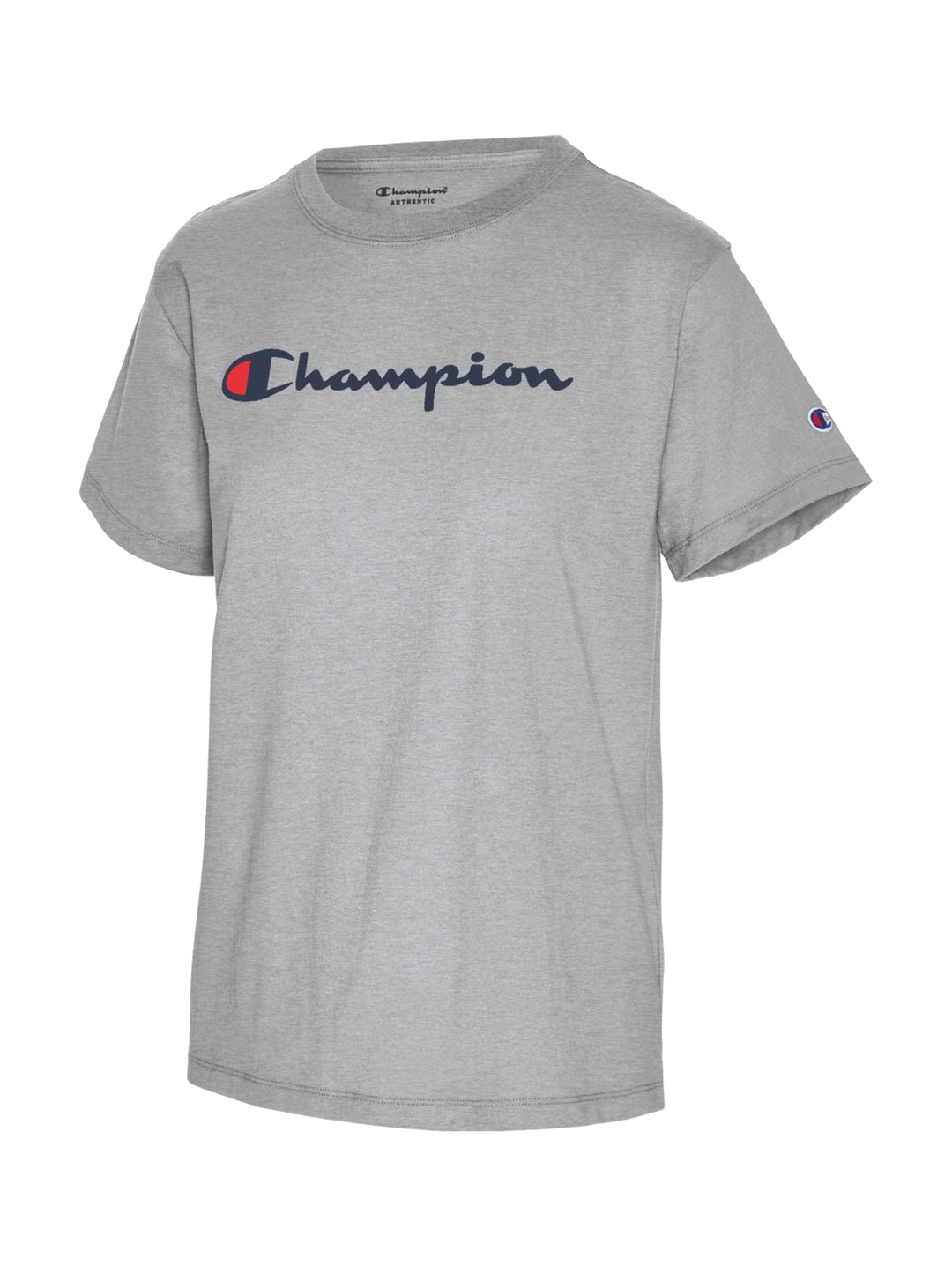 Camiseta de manga corta color gris Oxford con logotipo de Champion en el pecho y manga.