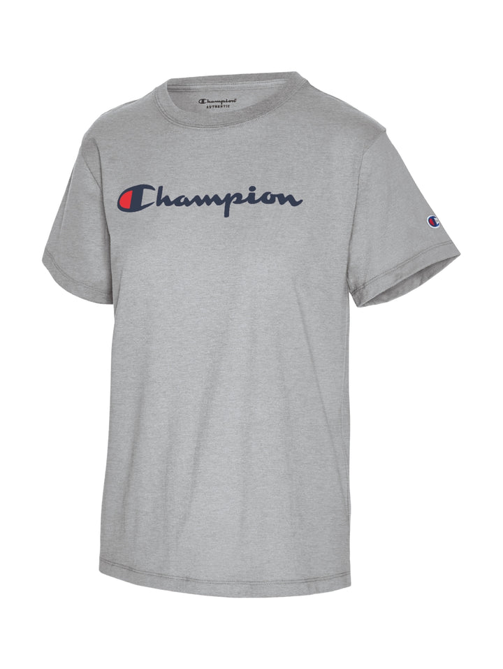 Camiseta de manga corta color gris Oxford con logotipo de Champion en el pecho y manga.
