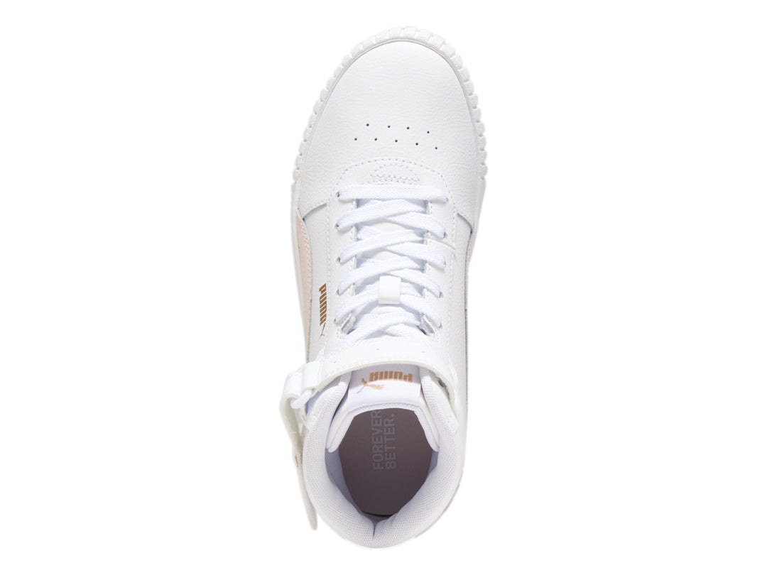 Tenis PUMA Carina 2.0 Mid en color blanco con detalles en rosa pastel y suela blanca ancha.