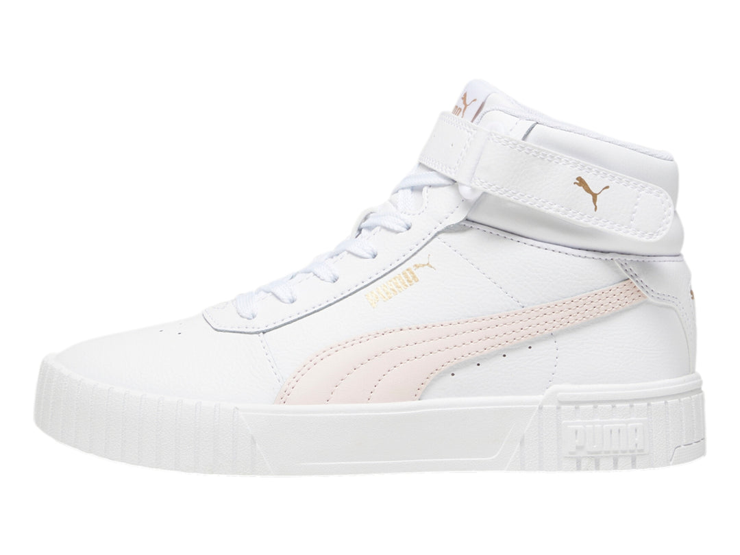 Tenis PUMA Carina 2.0 Mid en color blanco con detalles en rosa pastel y suela blanca ancha.