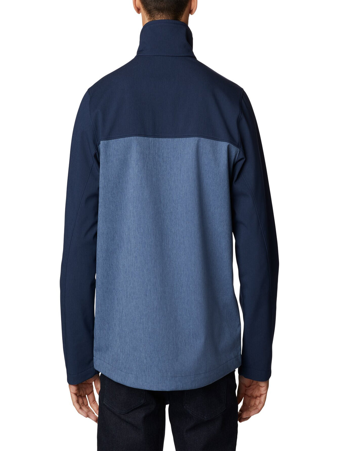 Chaqueta Columbia de dos tonos de azul con cierre frontal y cuello alto.