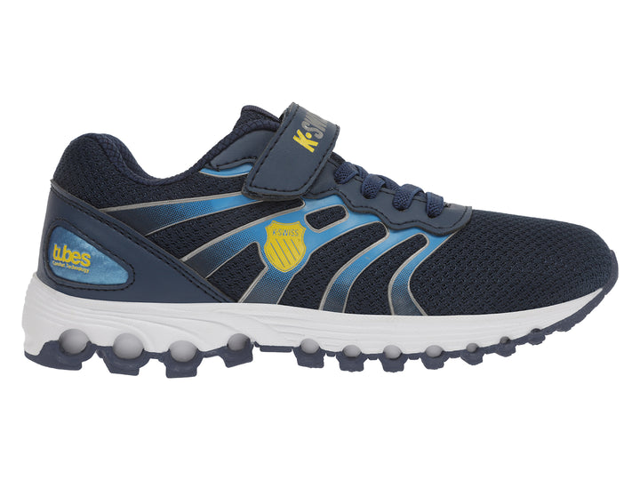 Tenis deportivos K-Swiss para niños en color azul marino con detalles amarillos y suela blanca.