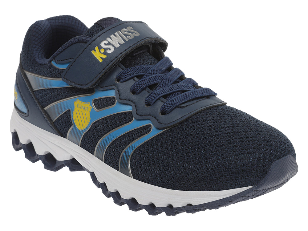 Tenis deportivos K-Swiss para niños en color azul marino con detalles amarillos y suela blanca.