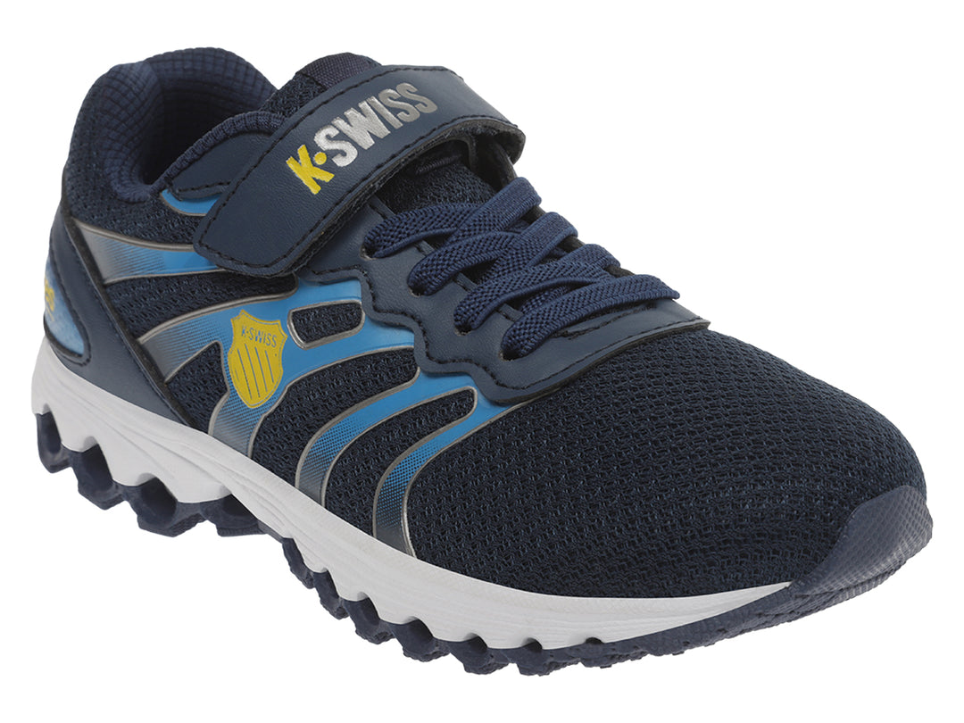 Tenis deportivos K-Swiss para niños en color azul marino con detalles amarillos y suela blanca.