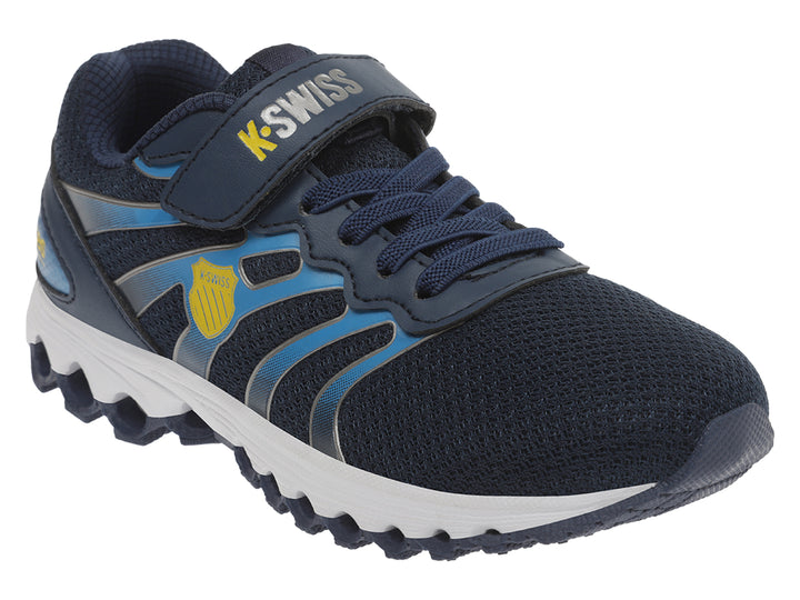 Tenis deportivos K-Swiss para niños en color azul marino con detalles amarillos y suela blanca.