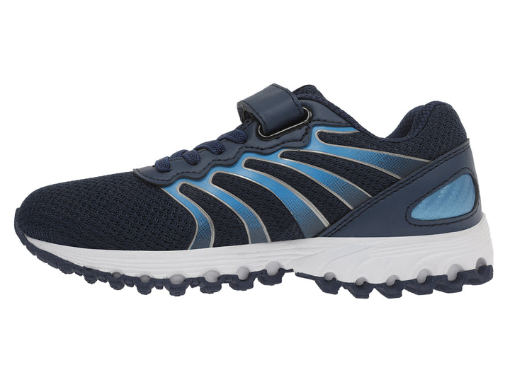 Tenis deportivos K-Swiss para niños en color azul marino con detalles amarillos y suela blanca.