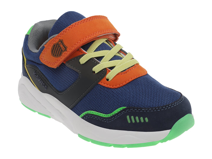 Tenis deportivos K-Swiss para niño en color azul marino con detalles en naranja y verde, suela blanca.