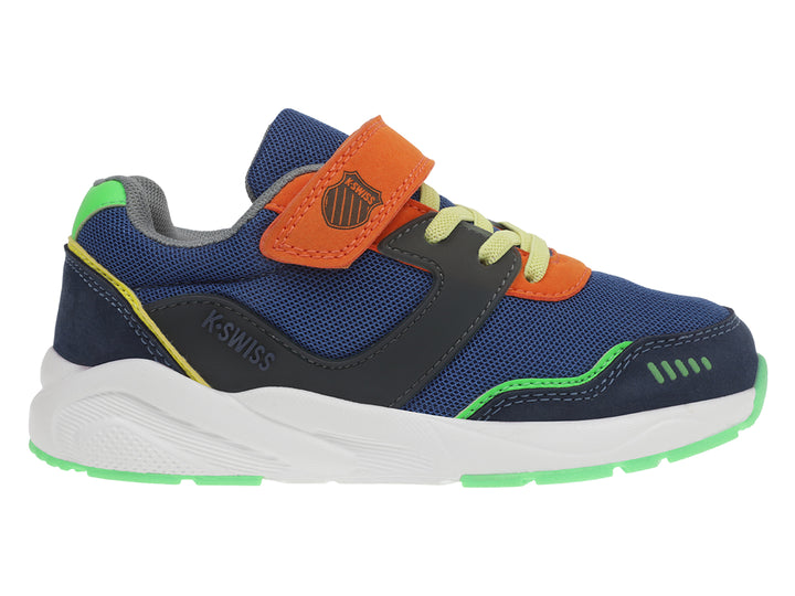 Tenis deportivos K-Swiss para niño en color azul marino con detalles en naranja y verde, suela blanca y cierre de velcro.