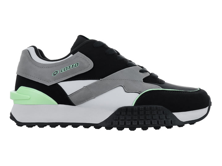 Tenis deportivos Lotto en colores negro, gris y blanco con detalles en verde menta.