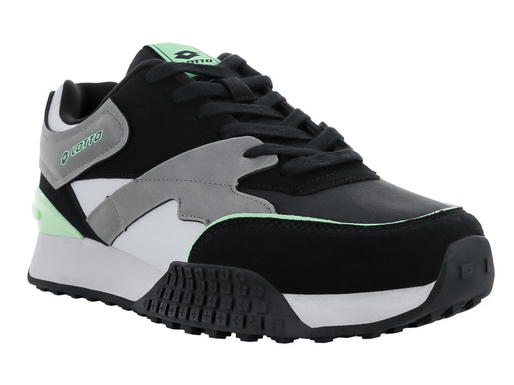 Tenis deportivos Lotto en colores negro, gris y blanco con detalles en verde menta.