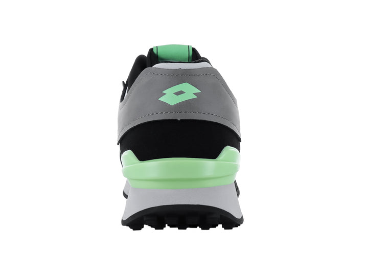 Tenis deportivos Lotto en colores negro, gris y blanco con detalles en verde menta.