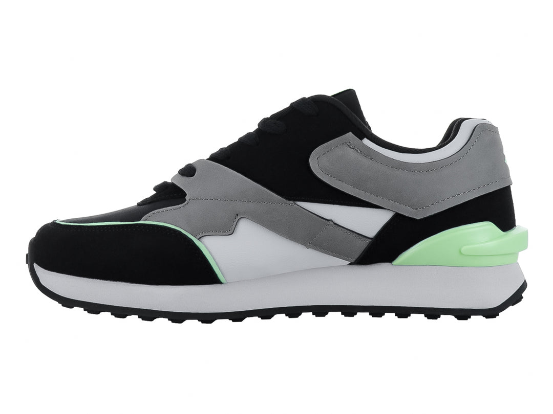 Tenis deportivos Lotto en colores negro, gris y blanco con detalles en verde menta.