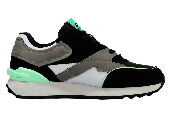 Tenis deportivos Lotto en colores negro, blanco y gris con detalles en verde menta.