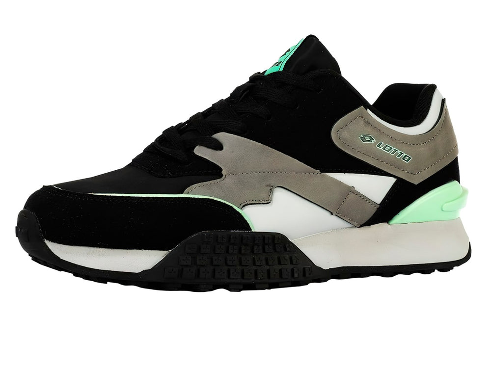 Tenis deportivos Lotto en colores negro, blanco y gris con detalles en verde menta.