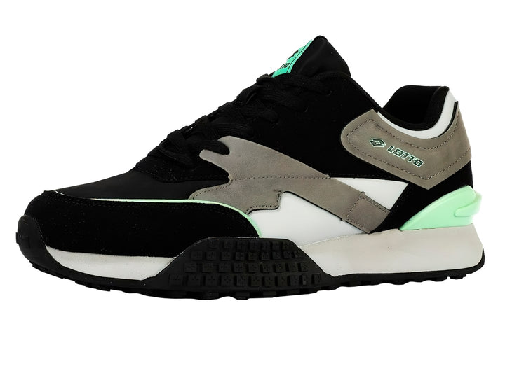 Tenis deportivos Lotto en colores negro, blanco y gris con detalles en verde menta.