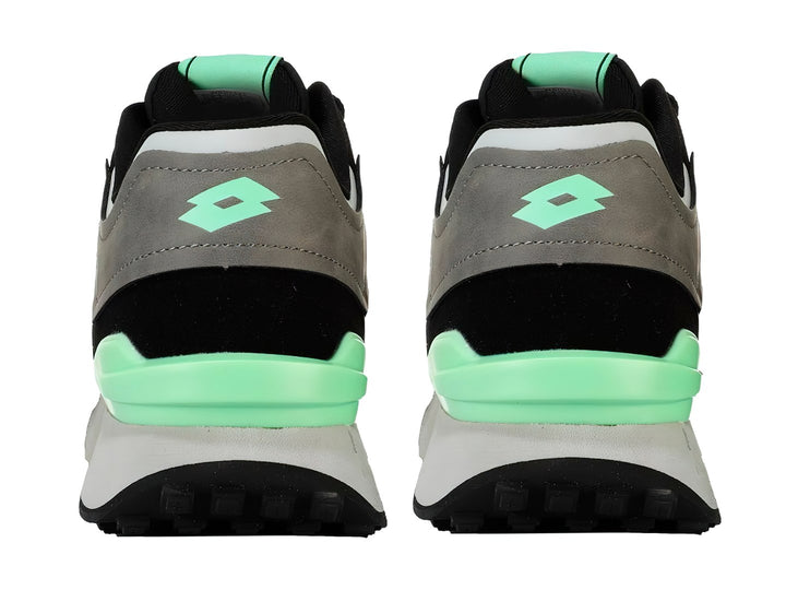 Tenis deportivos Lotto en colores negro, blanco y gris con detalles en verde menta.