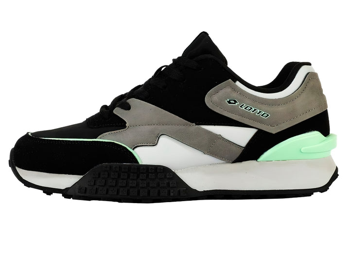 Tenis deportivos Lotto en colores negro, blanco y gris con detalles en verde menta.