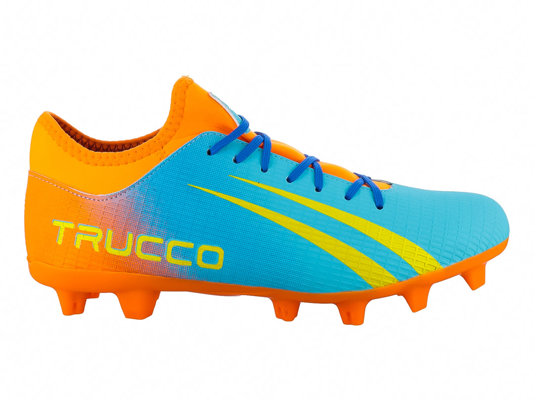 Botín de fútbol Leon Trucco con degradado de azul a naranja y detalles en amarillo.