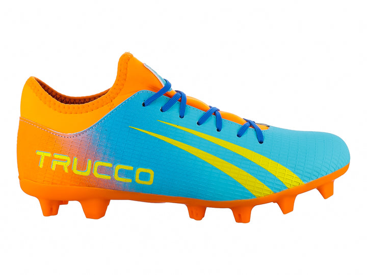 Botín de fútbol Leon Trucco con degradado de azul a naranja y detalles en amarillo.