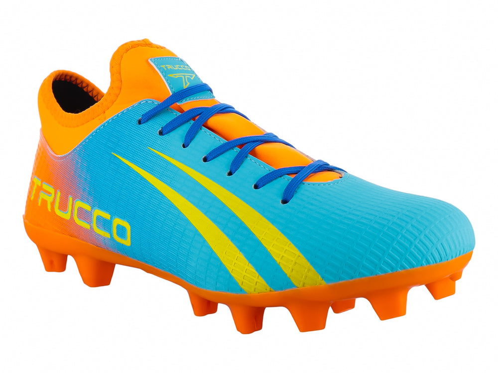 Botín de fútbol Leon Trucco con degradado de azul a naranja y detalles en amarillo.