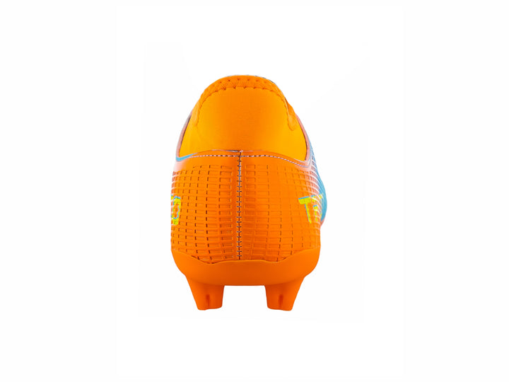 Botín de fútbol Leon Trucco con degradado de azul a naranja y detalles en amarillo.