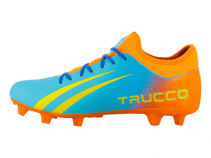 Botín de fútbol Leon Trucco con degradado de azul a naranja y detalles en amarillo.