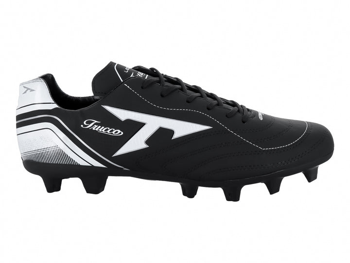 Zapato de fútbol Leon Trucco color negro con detalles en blanco y tacos para pasto natural.