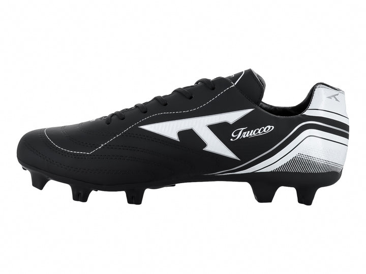 Zapato de fútbol Leon Trucco color negro con detalles en blanco y tacos para pasto natural.