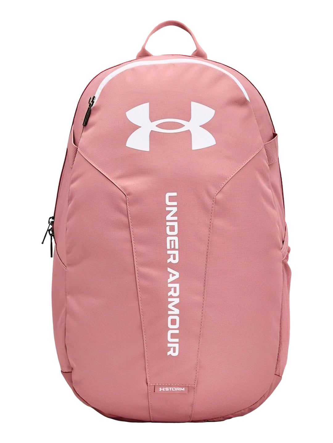 Mochila Under Armour UA Hustle Lite color rosa con logotipo y letras en blanco.