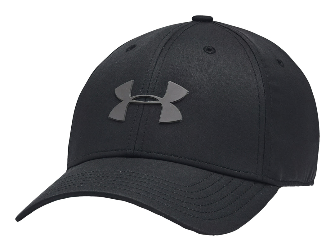 Gorra deportiva Under Armour de color negro con logotipo frontal en gris oscuro y visera curva.