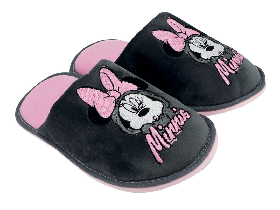 Par de pantuflas color gris y rosa con diseño bordado de Minnie Mouse.