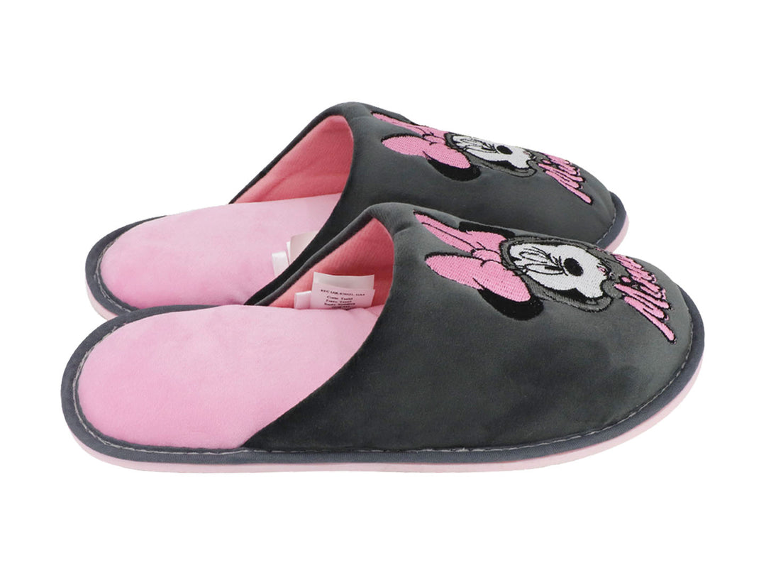 Par de pantuflas color gris y rosa con diseño bordado de Minnie Mouse.