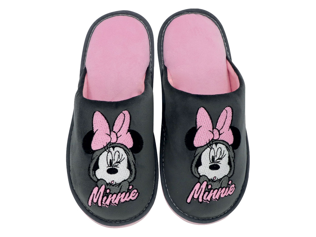 Par de pantuflas color gris y rosa con diseño bordado de Minnie Mouse.