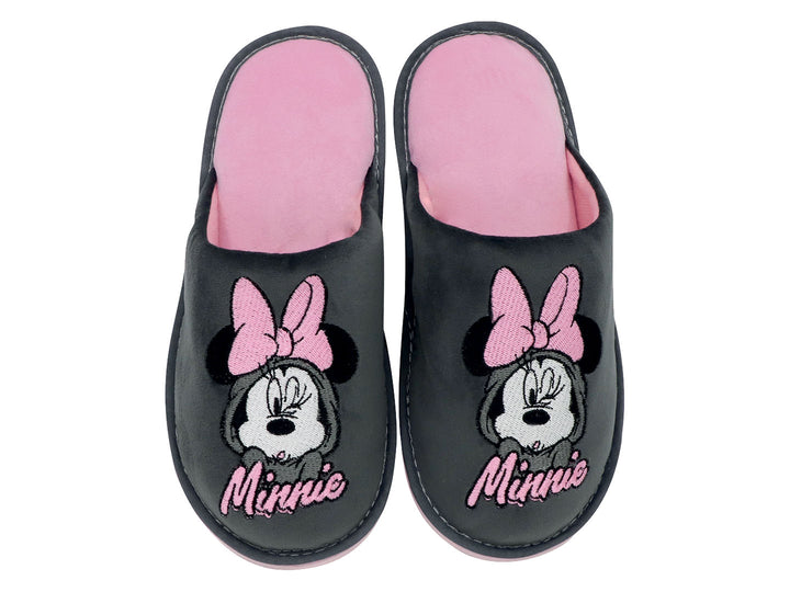 Par de pantuflas color gris y rosa con diseño bordado de Minnie Mouse.