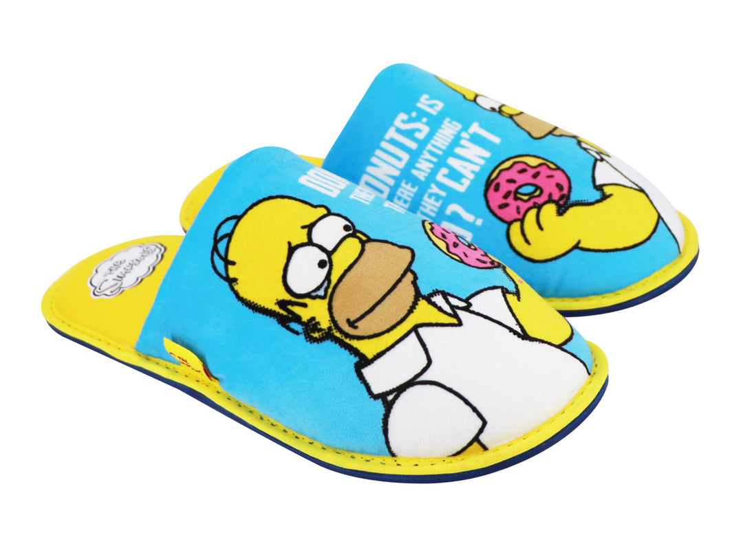 Par de pantuflas azules y amarillas con estampado de Homero Simpson y donas.