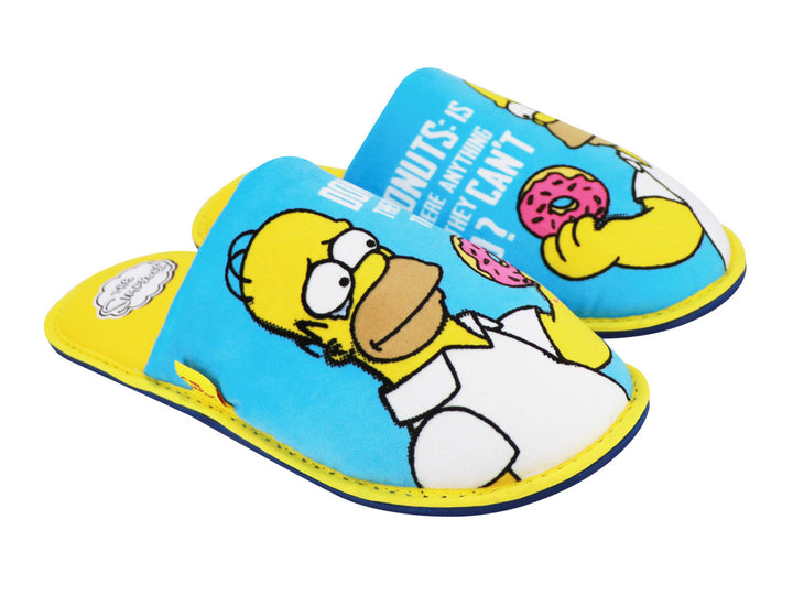 Par de pantuflas azules y amarillas con estampado de Homero Simpson y donas.