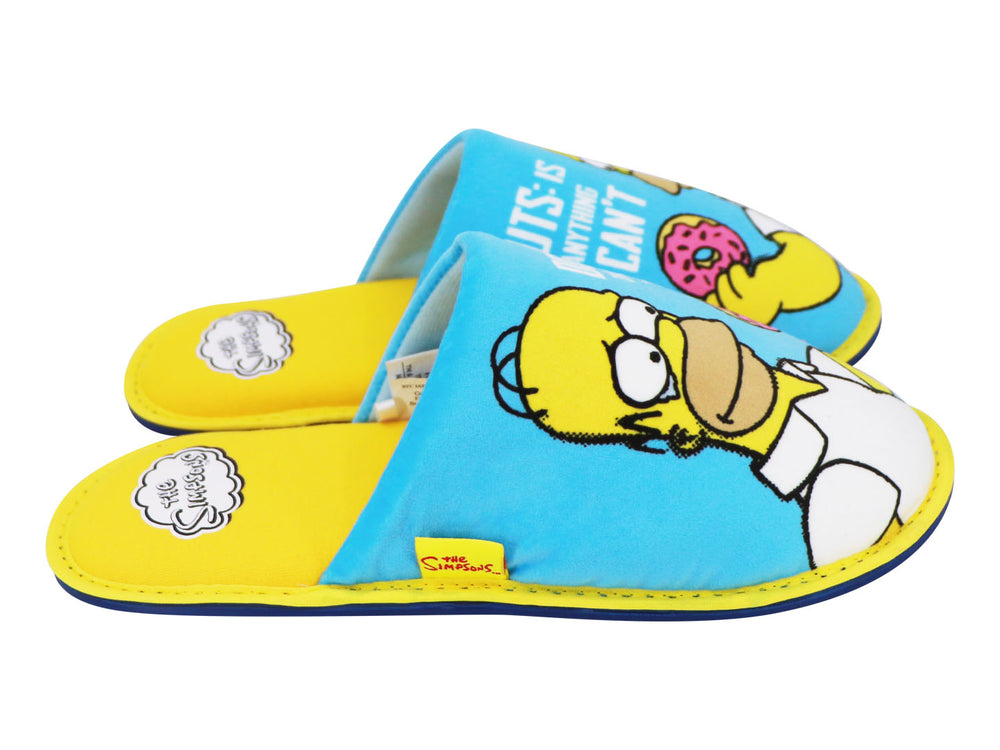Par de pantuflas azules y amarillas con estampado de Homero Simpson y donas.