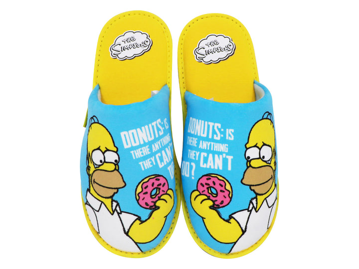 Par de pantuflas azules y amarillas con estampado de Homero Simpson y donas.